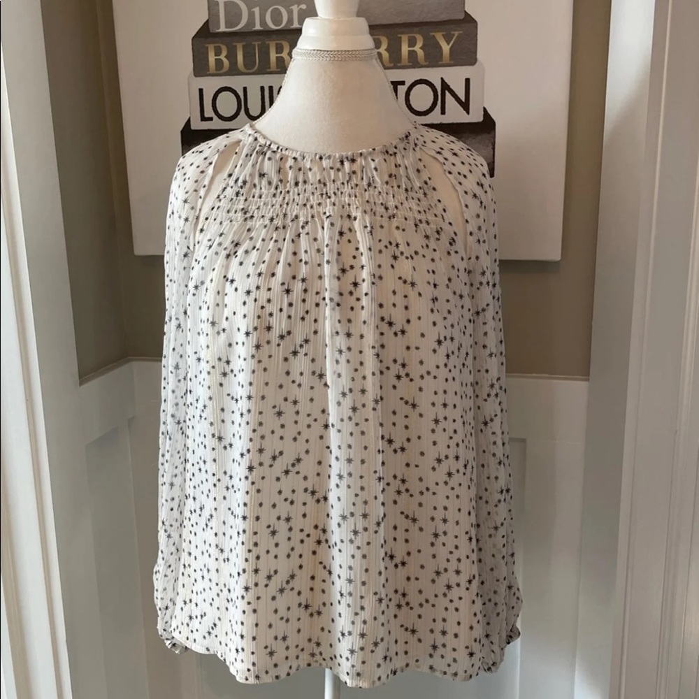 1.STATE White Star Print Slit Long Sleeve Top Sz M
